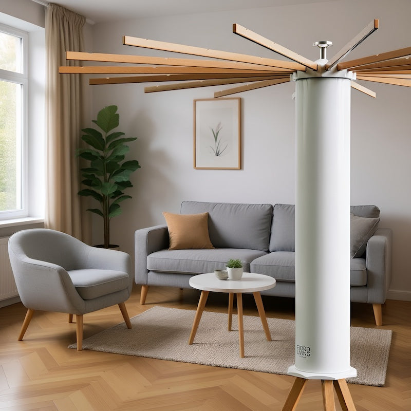 Fjordliving SmartRack tørrestativet i stue. Et iIndretningselement